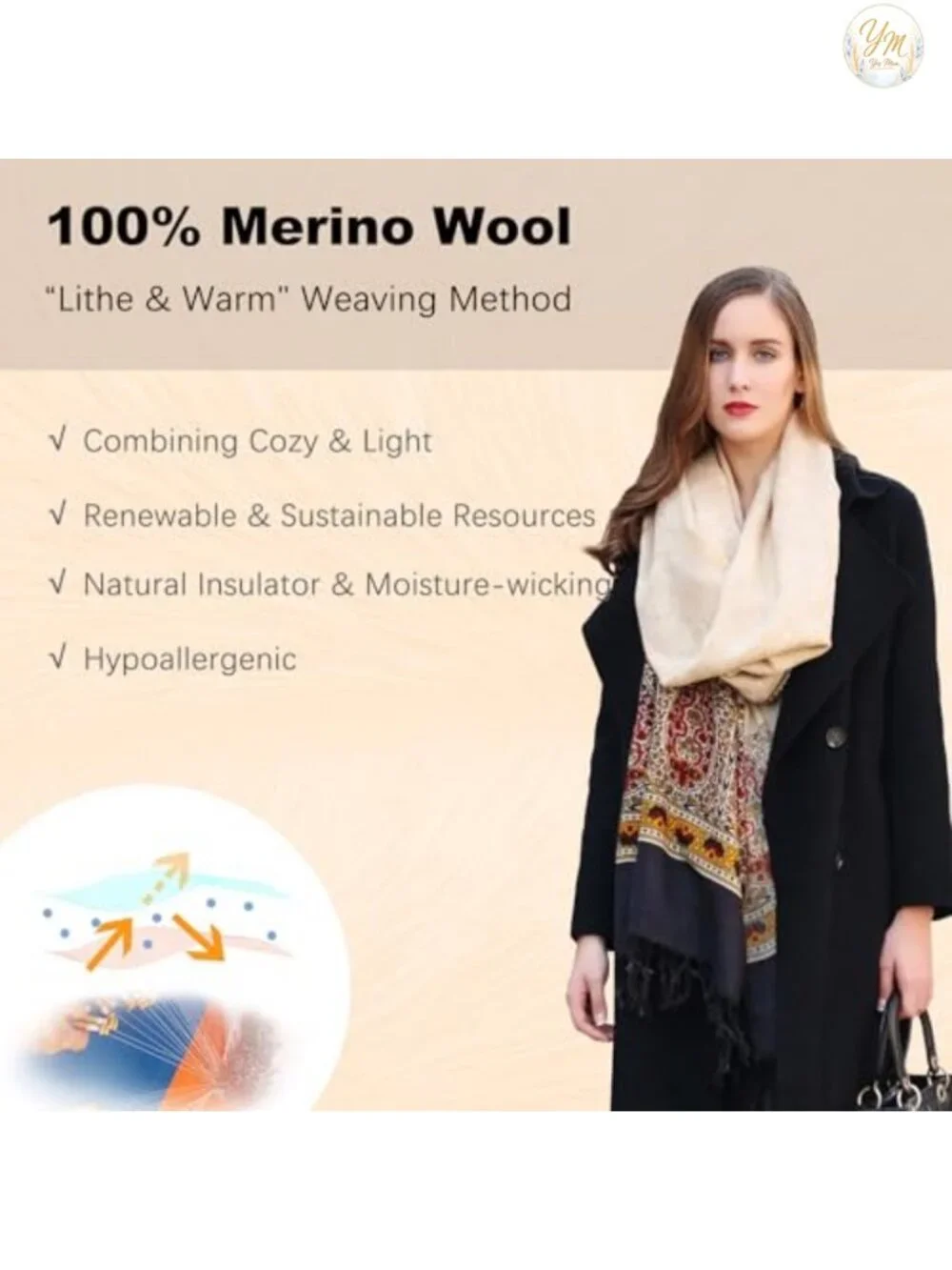 100% Merino Wool Oversized Pashmina Shawl Wrap with Tassels